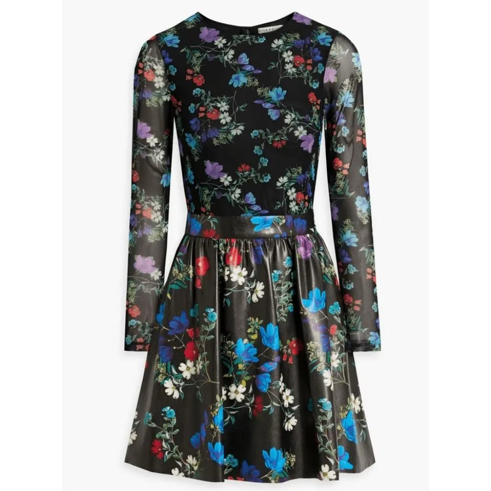 NEW Alice + Olivia Chara Floral Mesh & Vegan Leather Minidress size 8 #1479